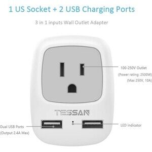 TESSAN Power Adapter Type H 3 Prong Grounded Travel Plug 2 USB Phone Charger